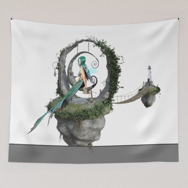 Item preview, Fantasy Mermaid with Lighthouse and Moon Design w/Gray Bottom Stripe designed and sold by Mindsofcreation.