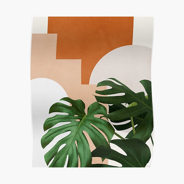 Abstract shapes art, Tropical monstera leaves, Mid century modern art Poster