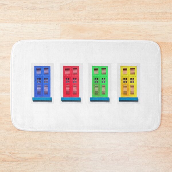 Item preview, Red, blue, green and yellow window shutters isolated on a white background designed and sold by Kevin Hellon.