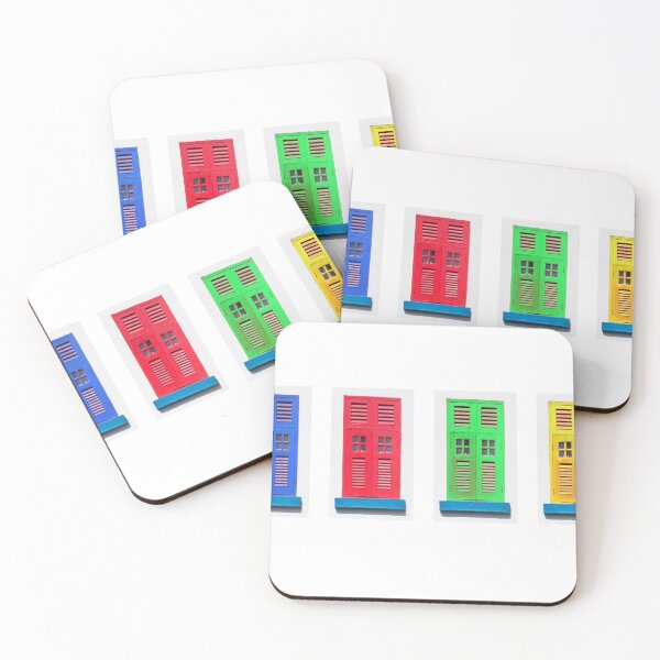 Item preview, Red, blue, green and yellow window shutters isolated on a white background designed and sold by Kevin Hellon.