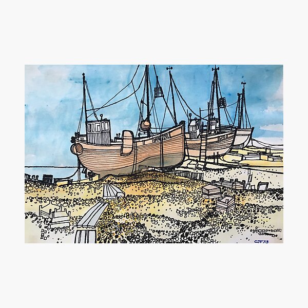 Boats on Dungeness Beach Kent England Photographic Print