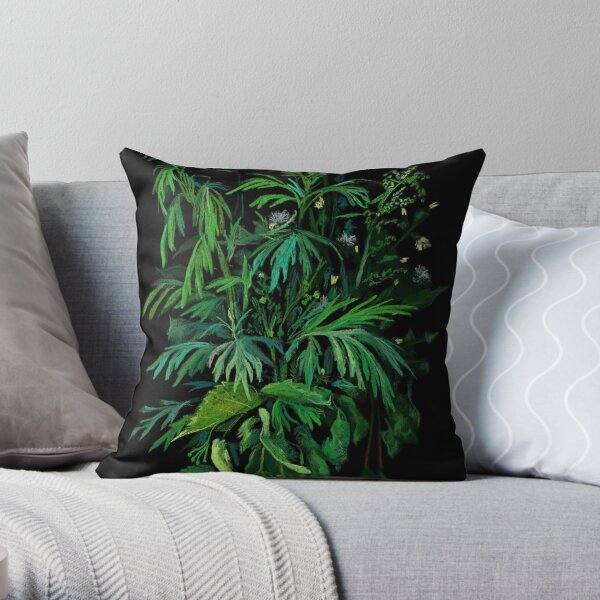 Green and Black, Summer Greenery, Colorful Floral Throw Pillow