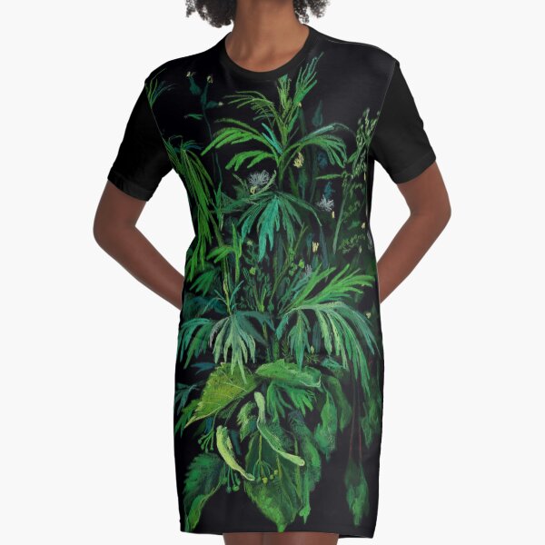 Green and Black, Summer Greenery, Colorful Floral Graphic T-Shirt Dress