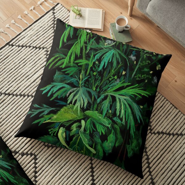 Green and Black, Summer Greenery, Colorful Floral Floor Pillow