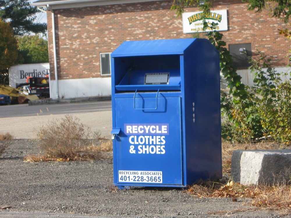 "Blue Clothing recycling donation bin" by Eric Sanford Redbubble