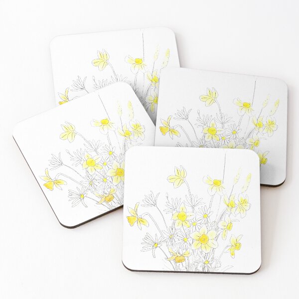 Item preview, hand painted white daisy and yellow daffodils ink and watercolor designed and sold by ColorandColor.