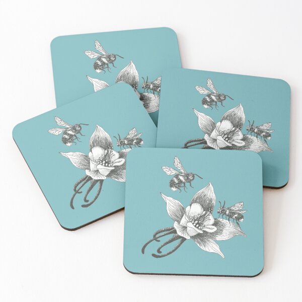 Item preview, honey bees on wild aquilegia flowers on teal background designed and sold by EllenLambrichts.