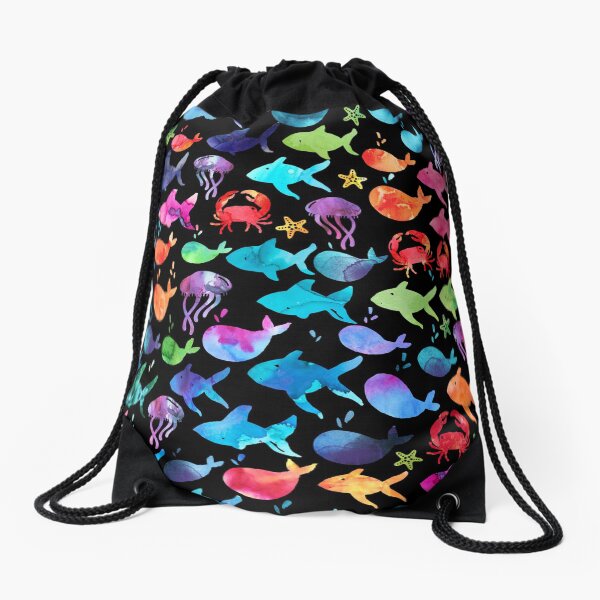 Rainbow Watercolor Under the Sea Ocean Fish Black Drawstring Bag