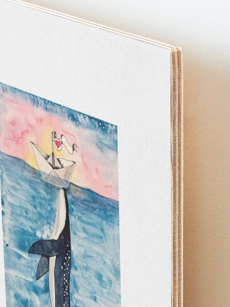 Alternate view of Paper Boat meets whale watercolor Mounted Print