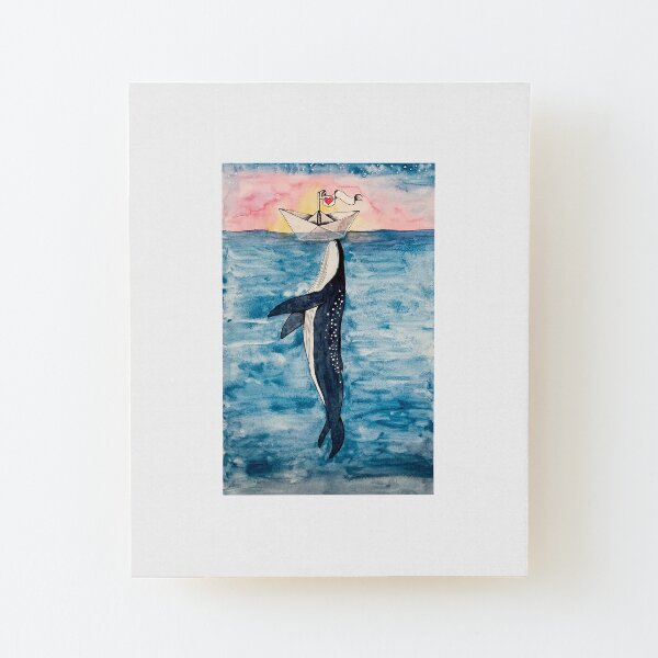 Paper Boat meets whale watercolor Wood Mounted Print