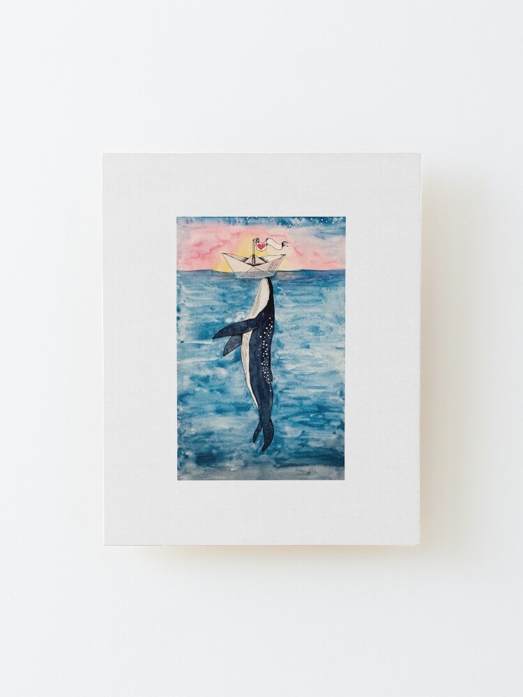Alternate view of Paper Boat meets whale watercolor Mounted Print