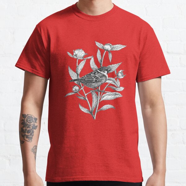 ink sparrow and peonies on blue background Classic T-Shirt