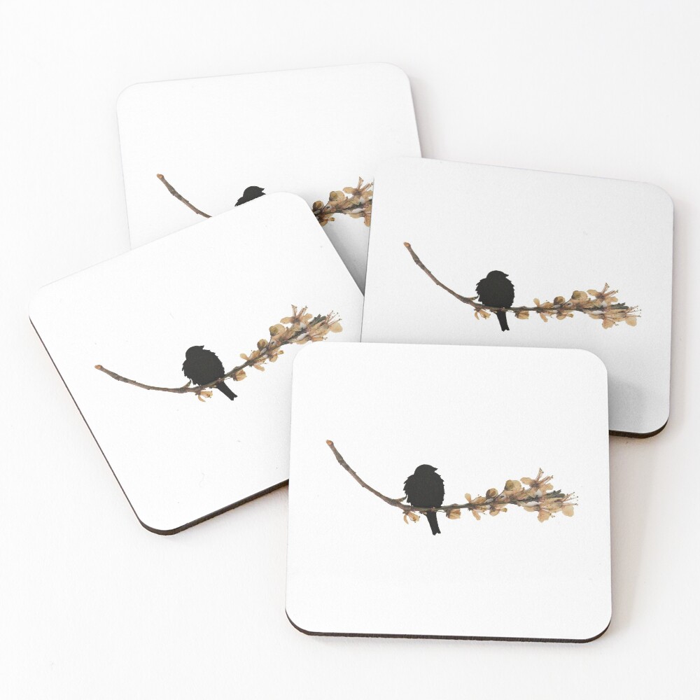 Japanese Quince Pressed Flower Blackbird Coasters (Set of 4)