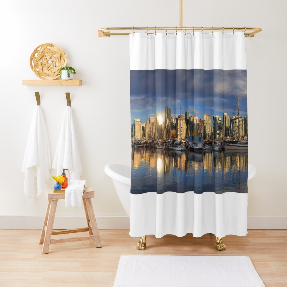 "Panoramic view of Vancouver cityscape under Sunset" Shower Curtain for