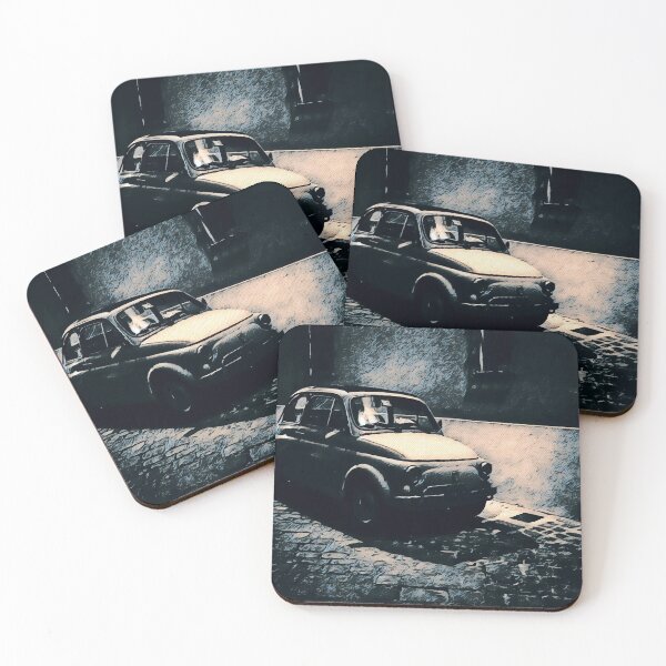 Item preview, A classic Fiat 500 car on a cobbled Italian street at night designed and sold by Retro Futurist.