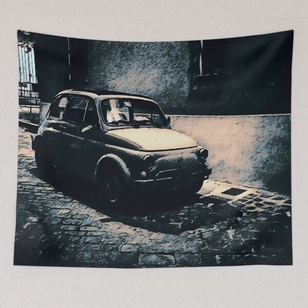 Item preview, A classic Fiat 500 car on a cobbled Italian street at night designed and sold by Retro Futurist.