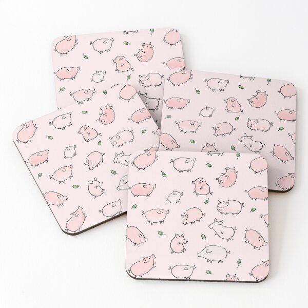 Pink Pigs with Green Acorns Coasters (Set of 4)