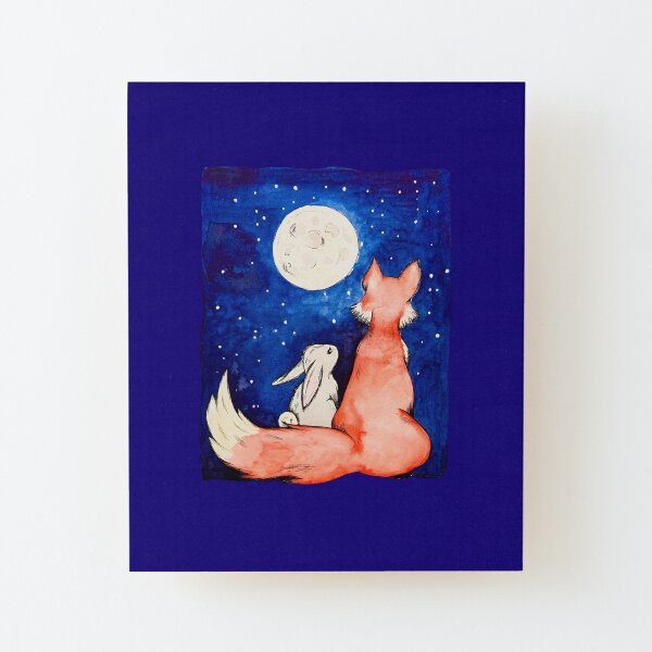 Fox and hare watercolor Wood Mounted Print