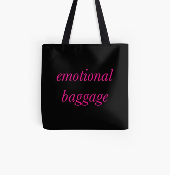 Emotional Baggage Slogan Italic. Hot Pink Text on Black All Over Print Tote Bag