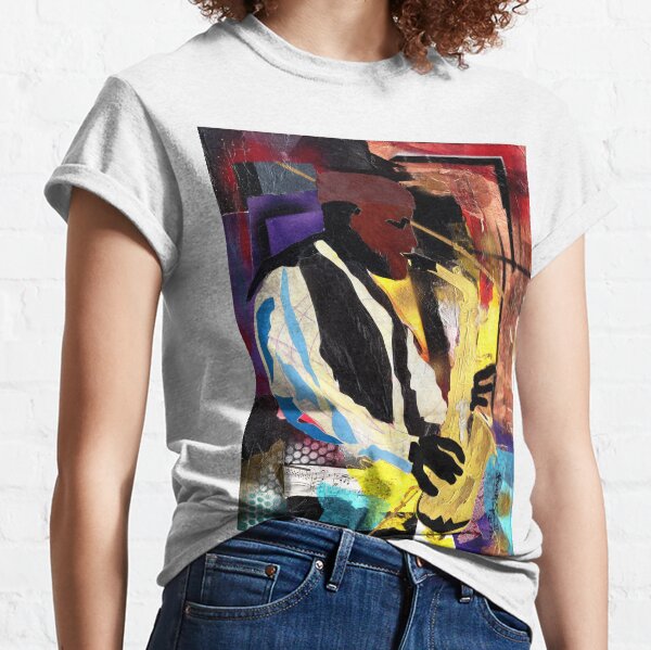 Acryl und zweckentfremdetes Papier im Geiste von Romare Bearden. Das Bild zeigt die Jazz-Saxophon-Legende Phathead Newman in brillanten Farben und modernem Design. Classic T-Shirt