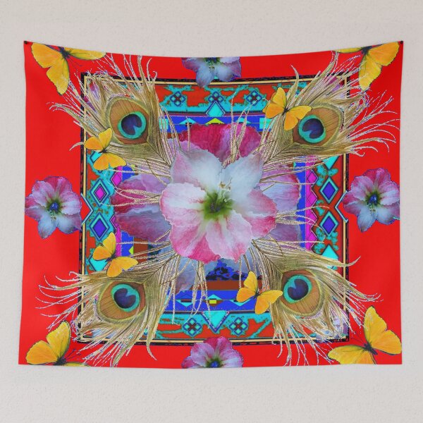 Item preview, RED ART PEACOCK FEATHERS PINK AMARYLLIS BUTTERFLIES, designed and sold by sharlesart.