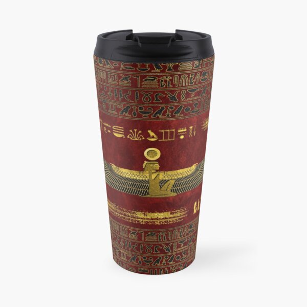 Golden Egyptian God Ornament on red leather Travel Coffee Mug
