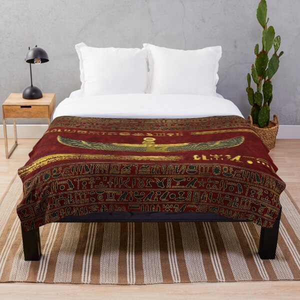 Golden Egyptian God Ornament on red leather Throw Blanket
