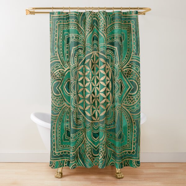 Flower of Life in Lotus - Malachite and gold Shower Curtain