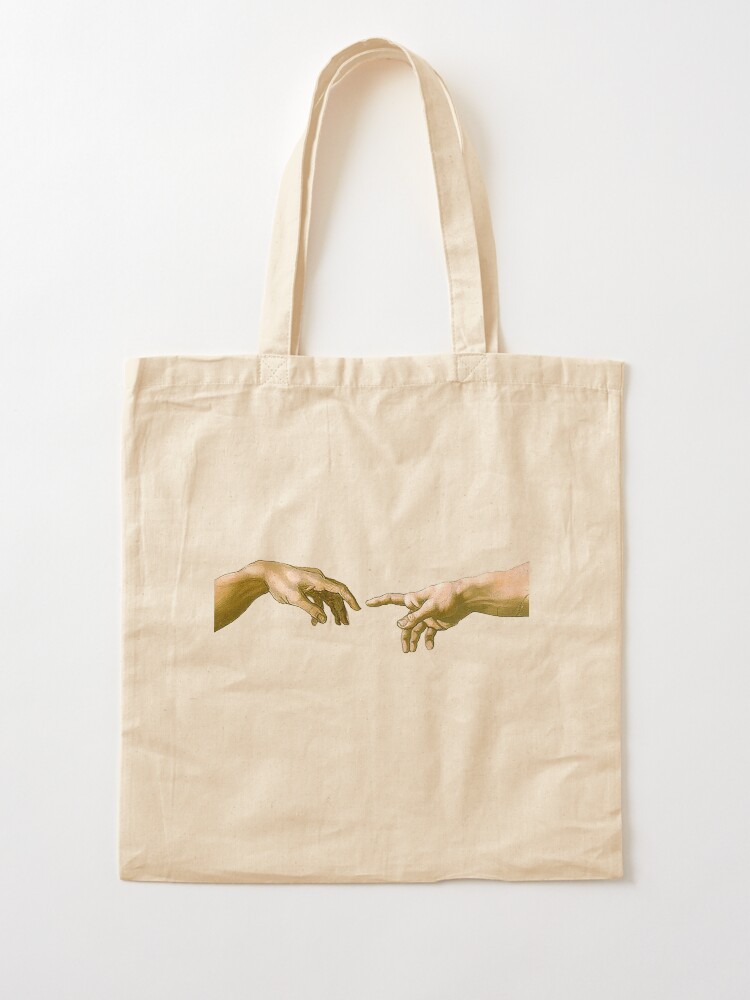 Alternate view of Touch of God, The Creation of Adam, (close up), Michelangelo, 1510, Genesis, Ceiling, Sistine Chapel, Rome, on BLACK. Tote Bag