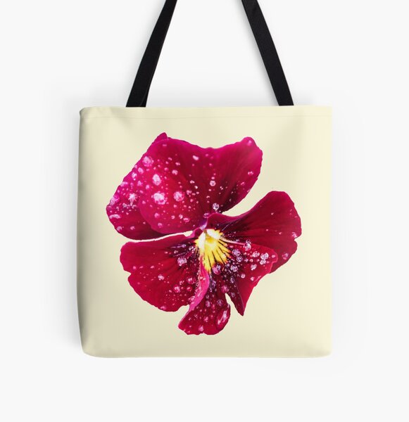 Geschenkidee rote Blüte Hornveilchen Tropfen Foto Allover-Print Tote Bag