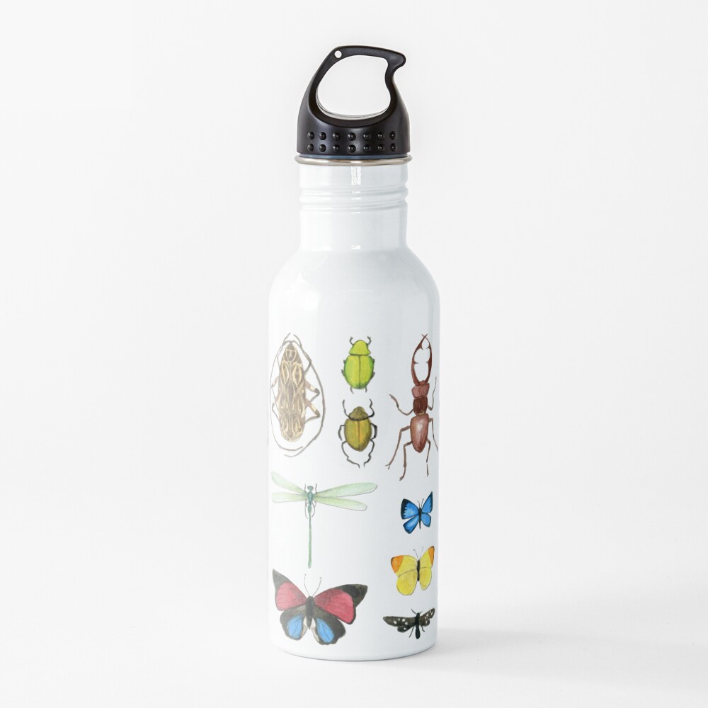 The Usual Suspects - Insects on grey - watercolour bugs pattern by Cecca Designs Water Bottle