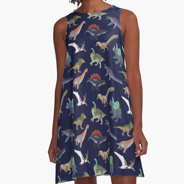 Mesozoic Reptiles Pattern - Night A-Line Dress