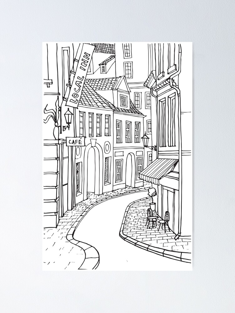 European City Street Drawing Poster By Tandast Redbubble