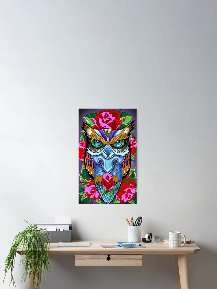 Thumbnail 2 of 3, Poster, Blue Owl and Roses designed and sold by ColorTime.