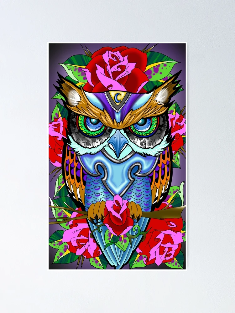 Thumbnail 1 of 3, Poster, Blue Owl and Roses designed and sold by ColorTime.