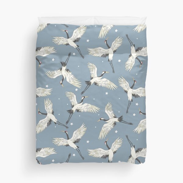 Japanese pattern of cranes flying on blue background with stars Duvet Cover