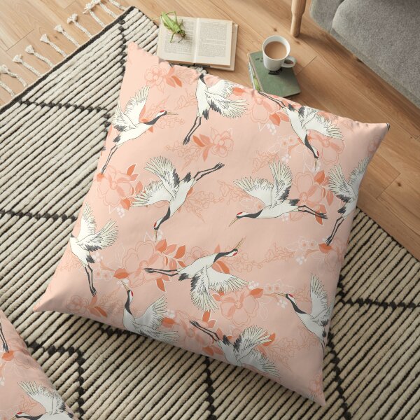 Japanese pattern of cranes flying on pink background with flowers Floor Pillow