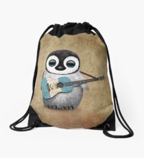 Baby Penguin Playing Guatemalan Flag Guitar Drawstring Bag