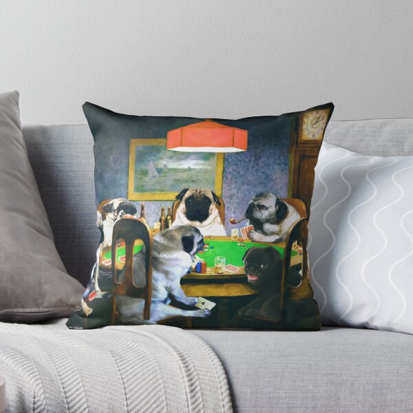 PUGS PLAYING POKER Throw Pillow