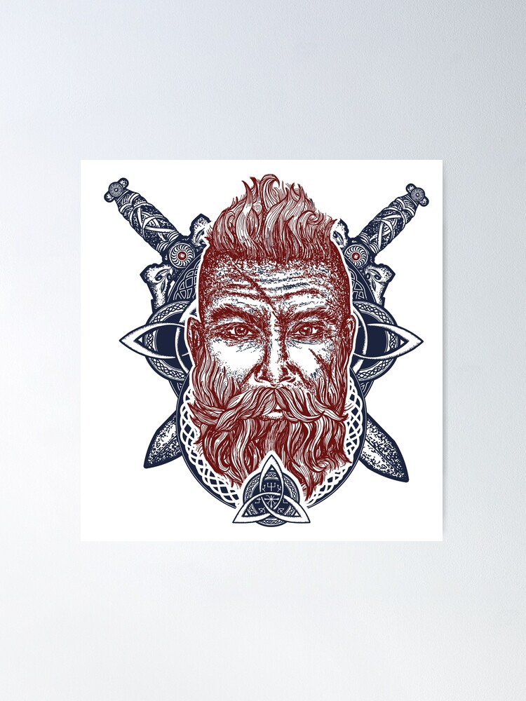 Viking tattoo and t-shirt design. Bearded barbarian of Scandinavia,sword, god  Odin, dragon. Symbol of force, courage. Scandinavian mythology. Viking  tattoo art print t-shirt design Stock Vector