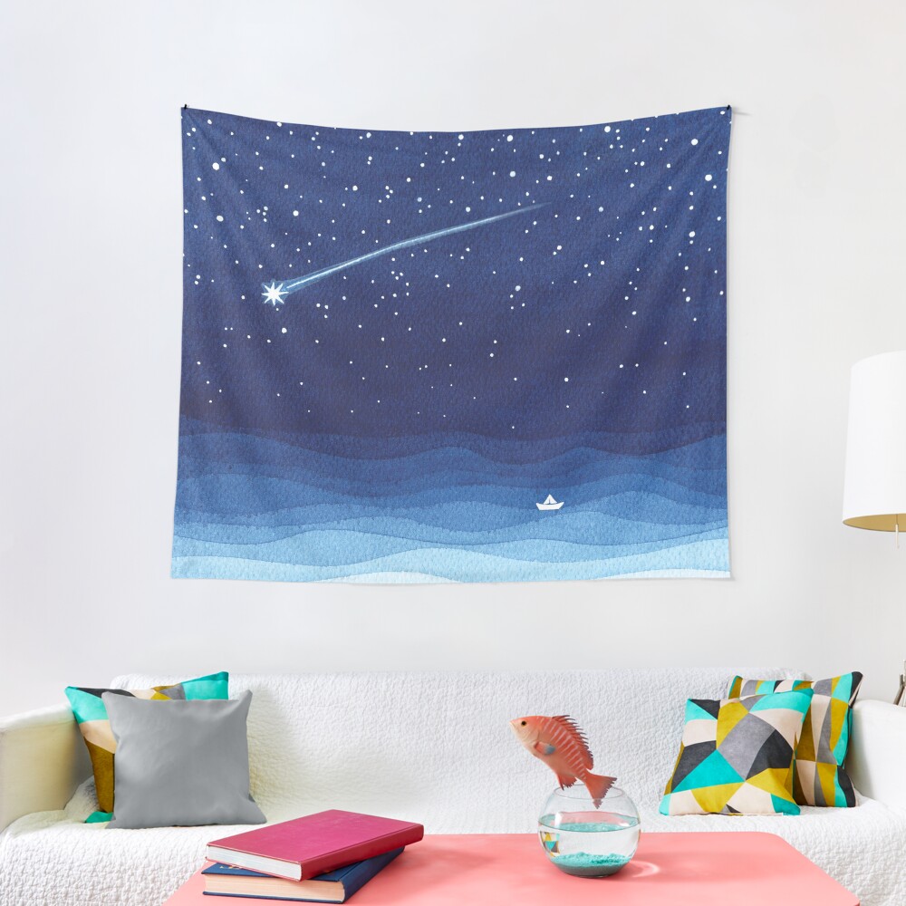 Falling star, shooting star, sailboat ocean waves blue sea Tapestry