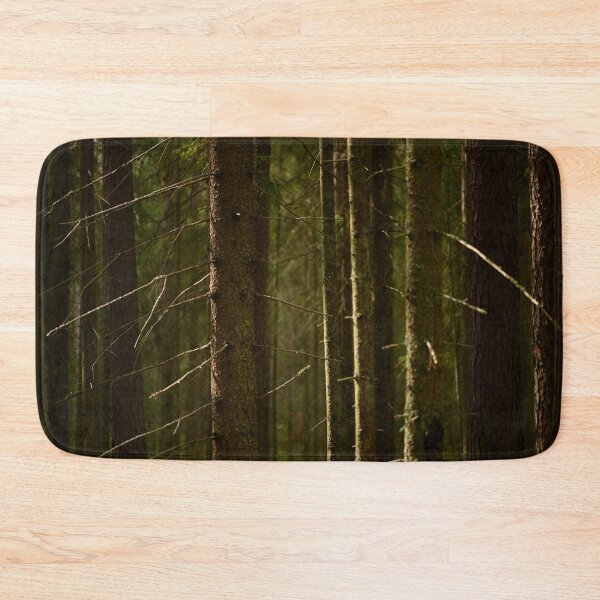 Item preview, Trunks of fir bare  trees in dry branches with dark bark in the dense coniferous forest are always in the shade without sunlight designed and sold by yarvin13.