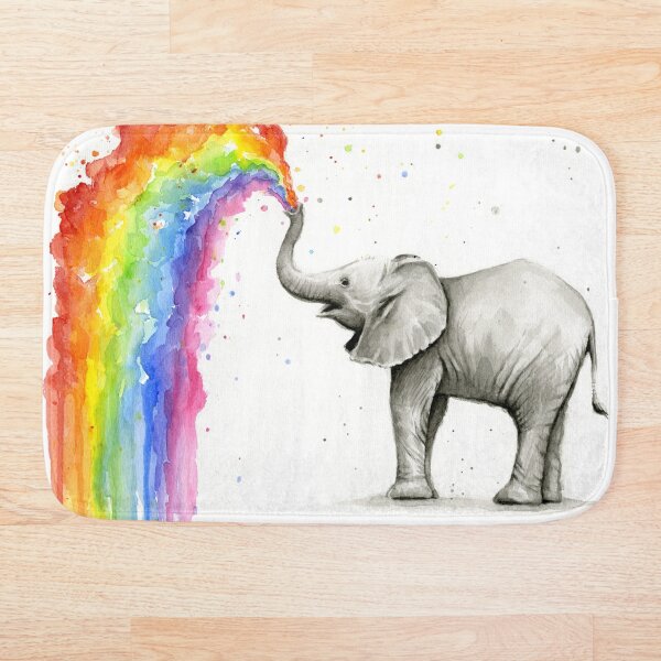 Baby Elephant Spraying Rainbow Bath Mat