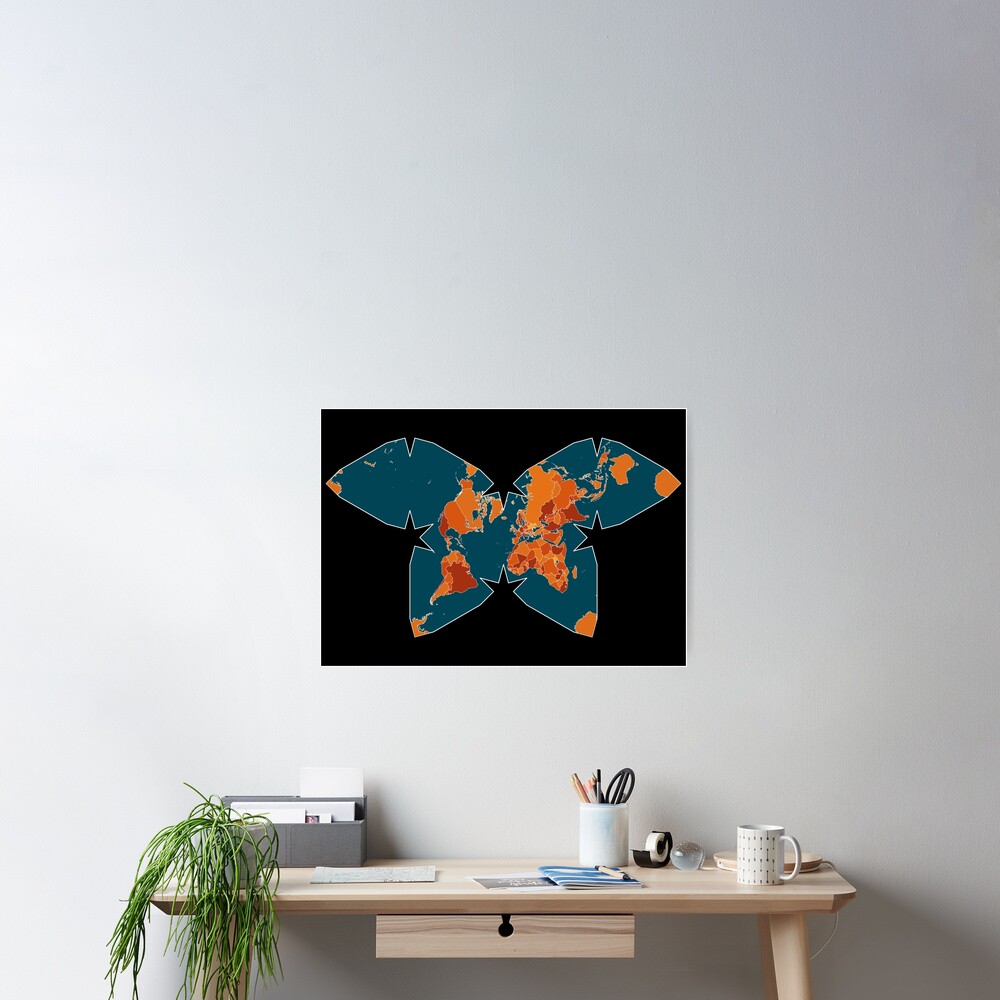 Orange/Red World Map on Blue/Black Backround in Waterman Projection Poster