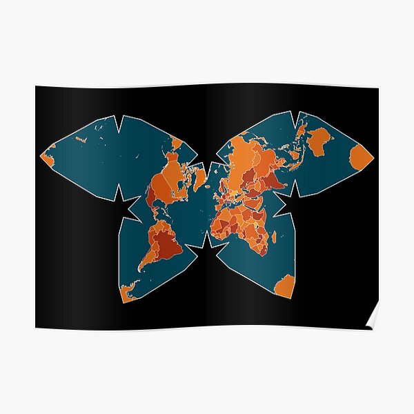 Orange/Red World Map on Blue/Black Background in Waterman Projection