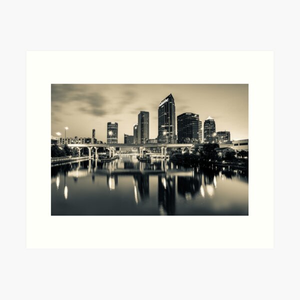 Downtown Tampa City Skyline At Night Black & White Wall Art. Tampa