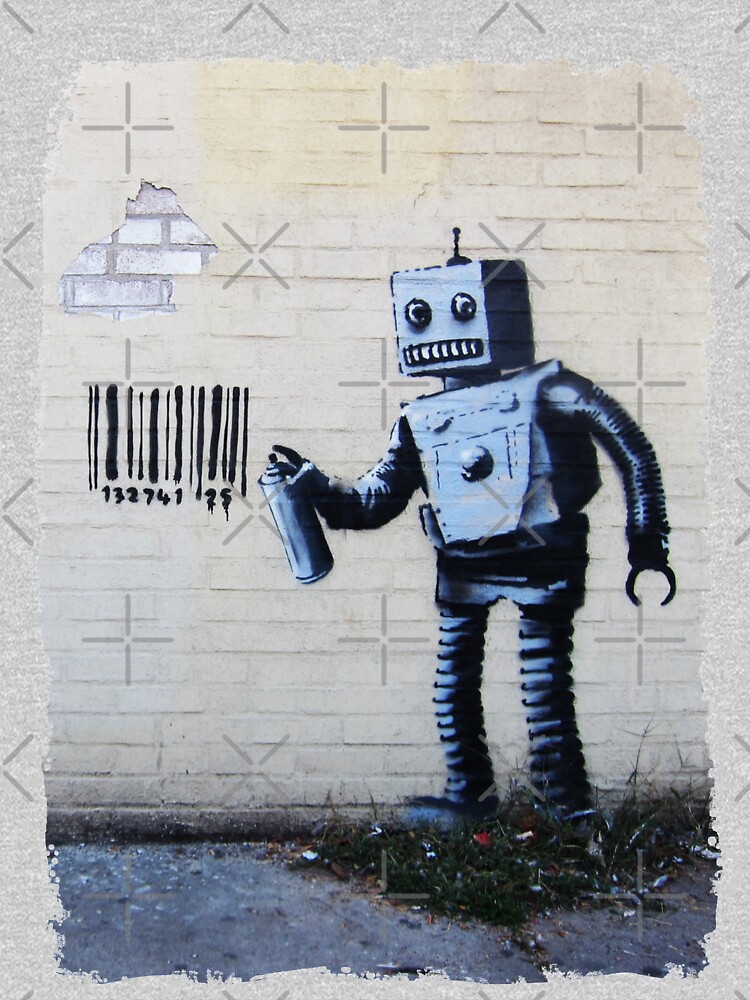 Banksy graffiti smiling Robot and barcodes Better Out Than In New York City residency on brick wall by iresist