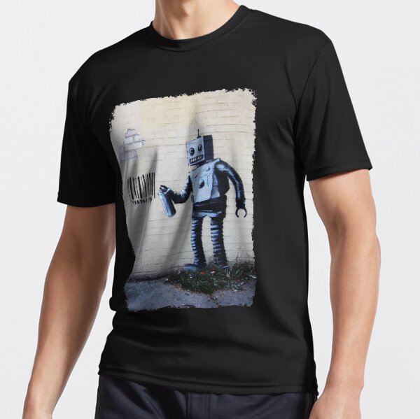 Banksy graffiti smiling Robot and barcodes Better Out Than In New York City residency on brick wall Active T-Shirt