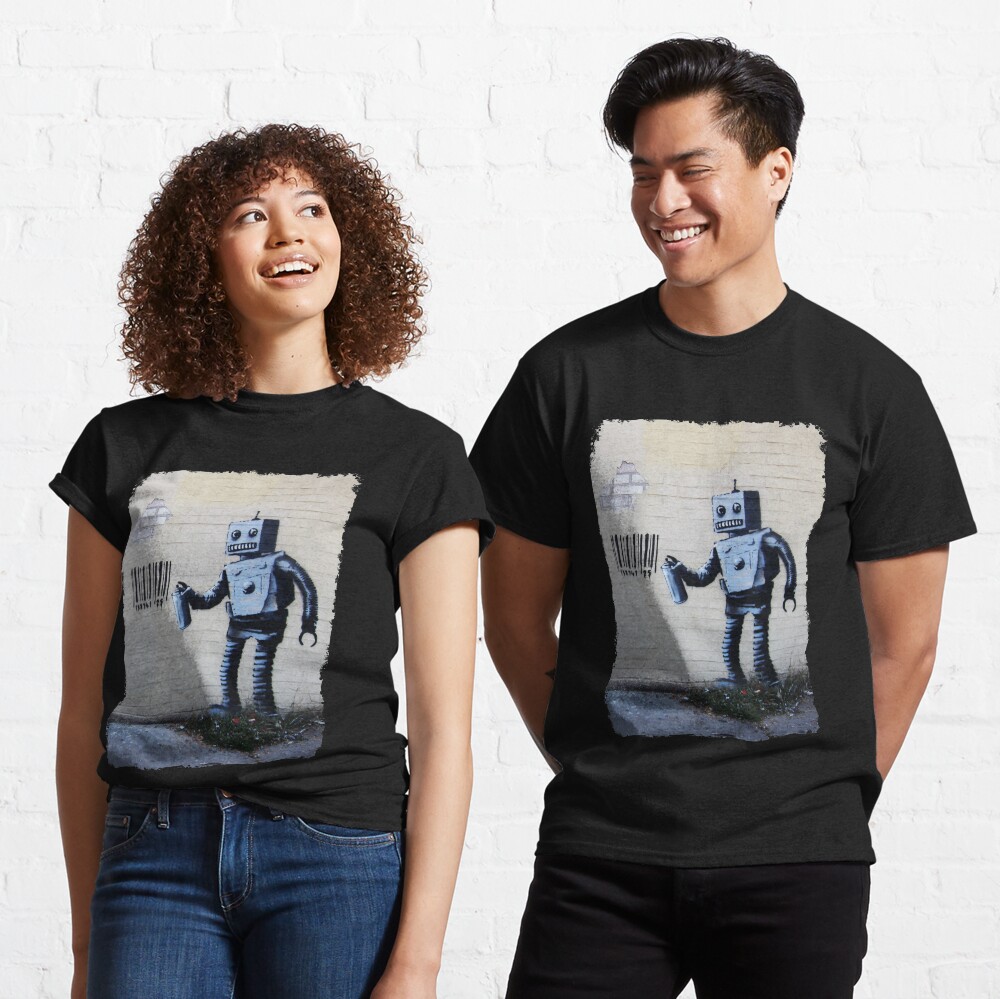 Banksy graffiti smiling Robot and barcodes Better Out Than In New York City residency on brick wall Classic T-Shirt
