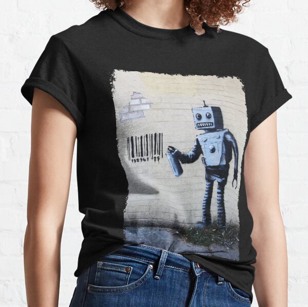 Banksy graffiti smiling Robot and barcodes Better Out Than In New York City residency on brick wall Classic T-Shirt